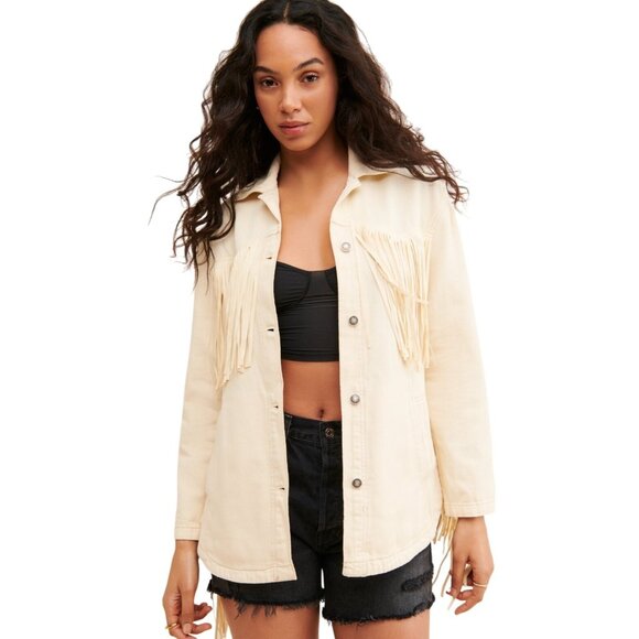 We The Free People Fringe Out Denim Jacket Ivory Western Festival Oversized Sz M - Picture 2 of 12